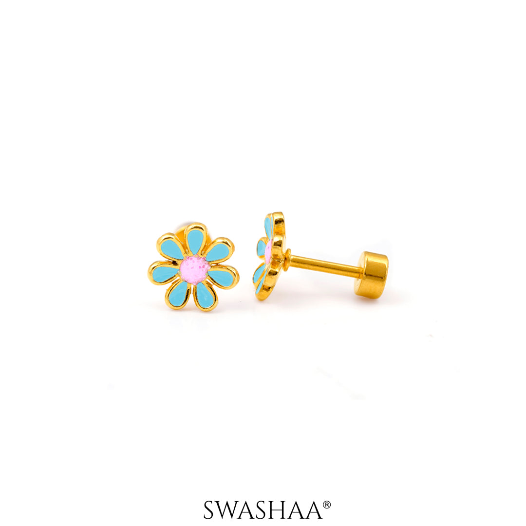 Miss Flower 18K Gold Plated Kid's Earrings Sky Blue