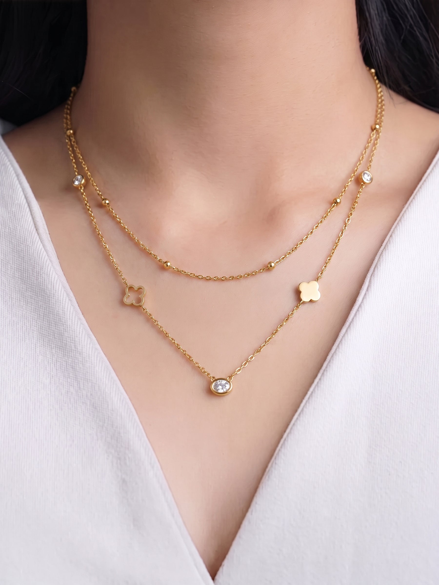 Noemi Clover Diamond 18K Gold Plated Layered Necklace