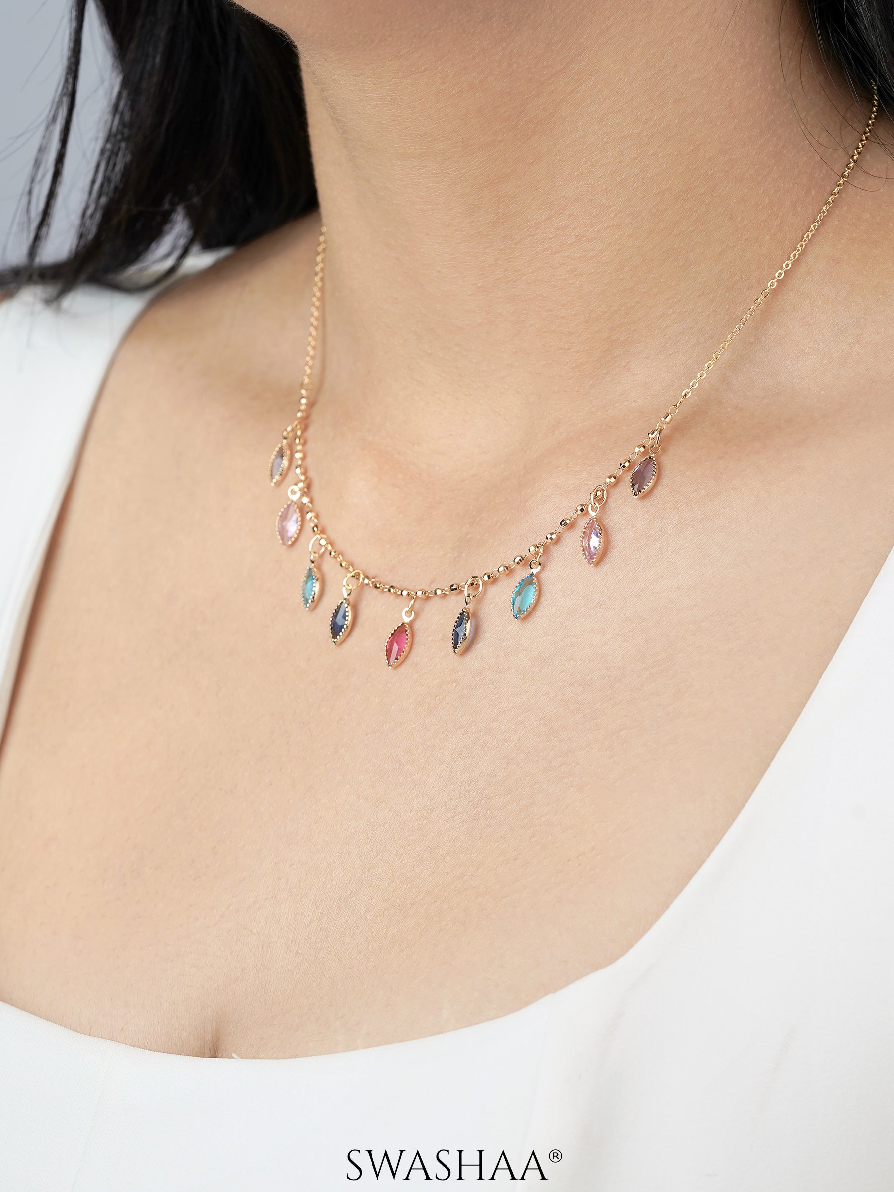 Olivia Crystal Leaf Charms 18K Gold Plated Choker