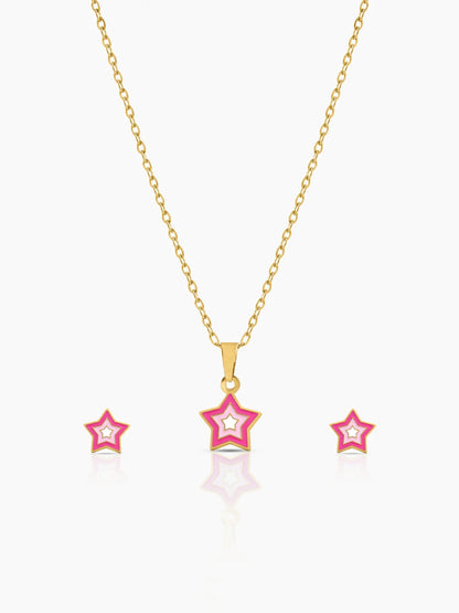 Ombre Pink Star 18K Gold Plated Kid's Jewelry Set Of 2 - Necklace & Earrings Gold