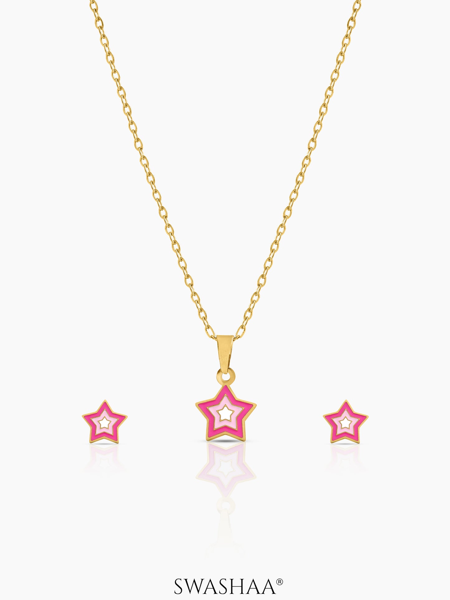 Ombre Pink Star Kid's Jewelry Set Of 2 - Necklace & Earrings 18K Gold Plated