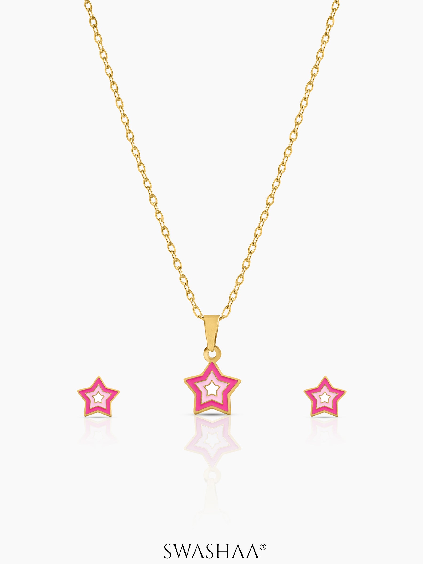 Ombre Pink Star Kid's Jewelry Set Of 2 - Necklace & Earrings 18K Gold Plated