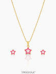 Ombre Pink Star Kid's Jewelry Set Of 2 - Necklace & Earrings 18K Gold Plated