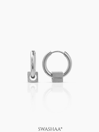 Orin Cube Charm Men's Hoop Earrings Silver
