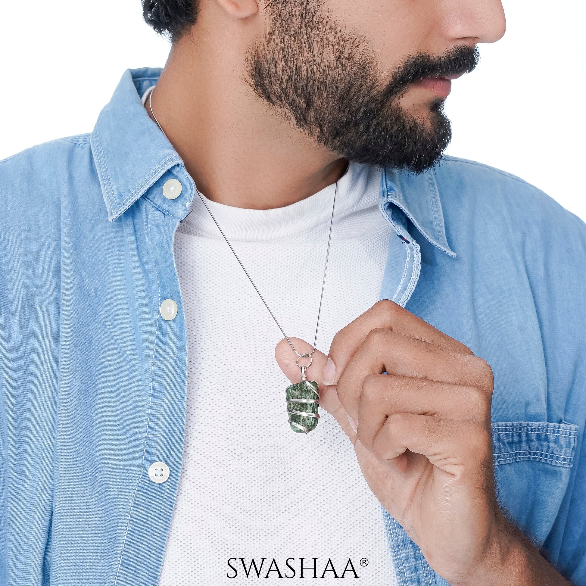 Serenity Wire Wrapped Tumble Men's Chain Pendant | Natural Stone Silver