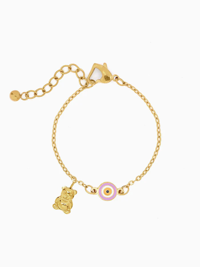 Pink Evil Eye Teddy Charm 18K Gold Plated Kid's Bracelet Gold