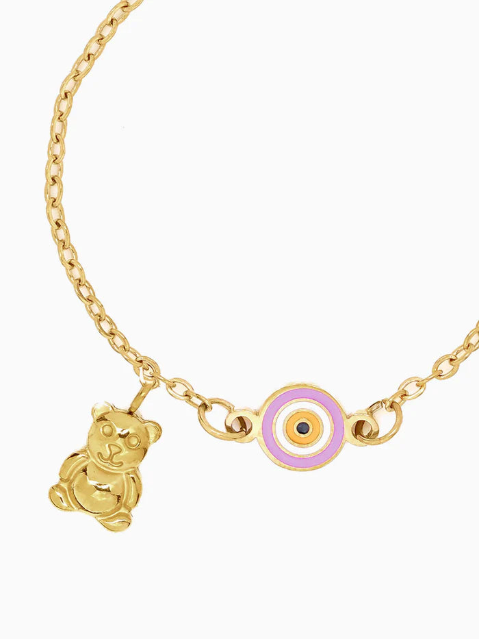 Pink Evil Eye Teddy Charm 18K Gold Plated Kid's Bracelet