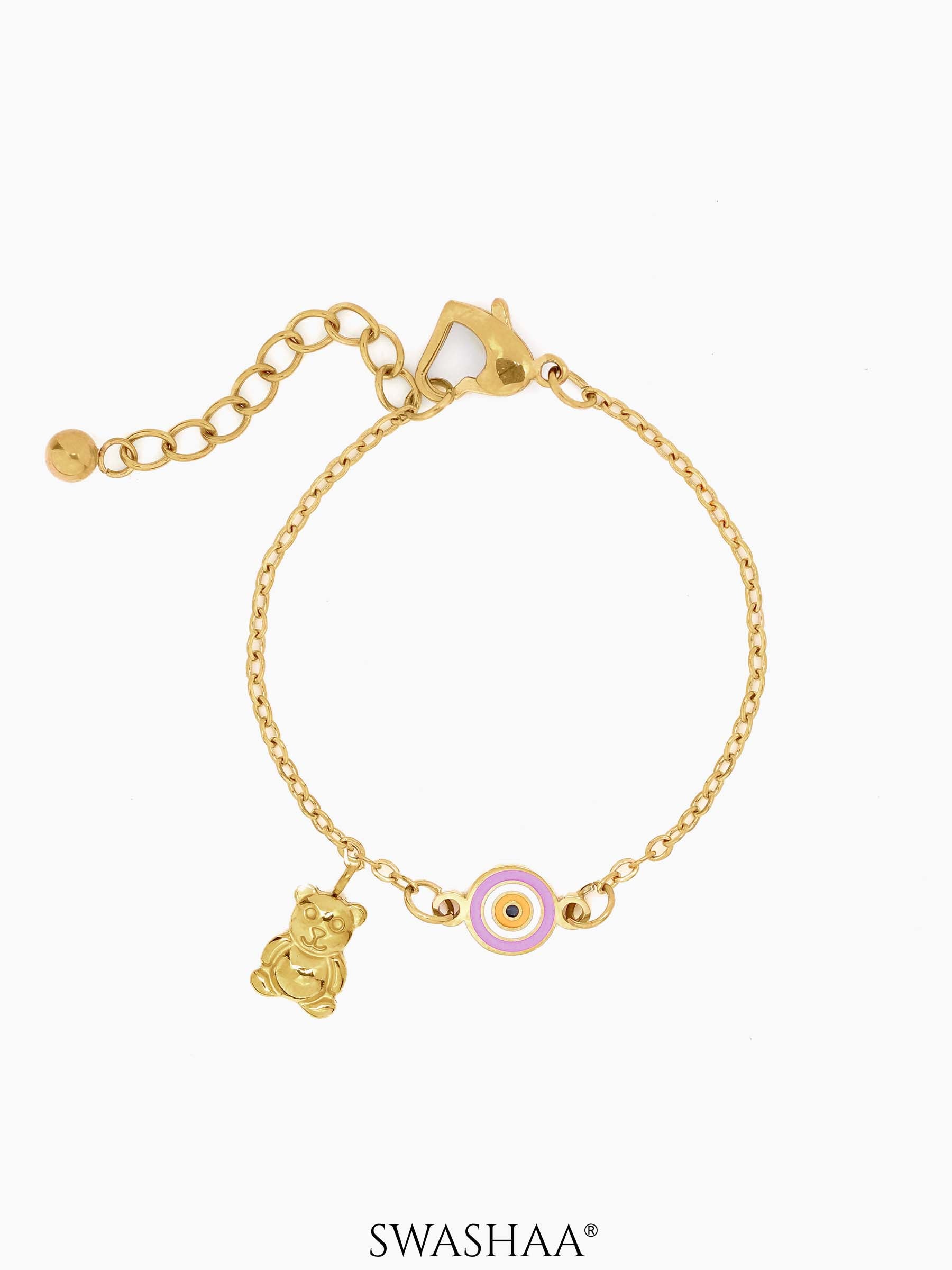 Pink Evil Eye Teddy Charm 18K Gold Plated Kid's Bracelet Gold