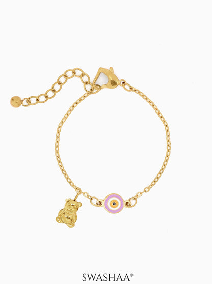 Pink Evil Eye Teddy Charm 18K Gold Plated Kid's Bracelet Gold