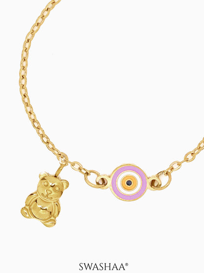 Pink Evil Eye Teddy Charm 18K Gold Plated Kid's Bracelet