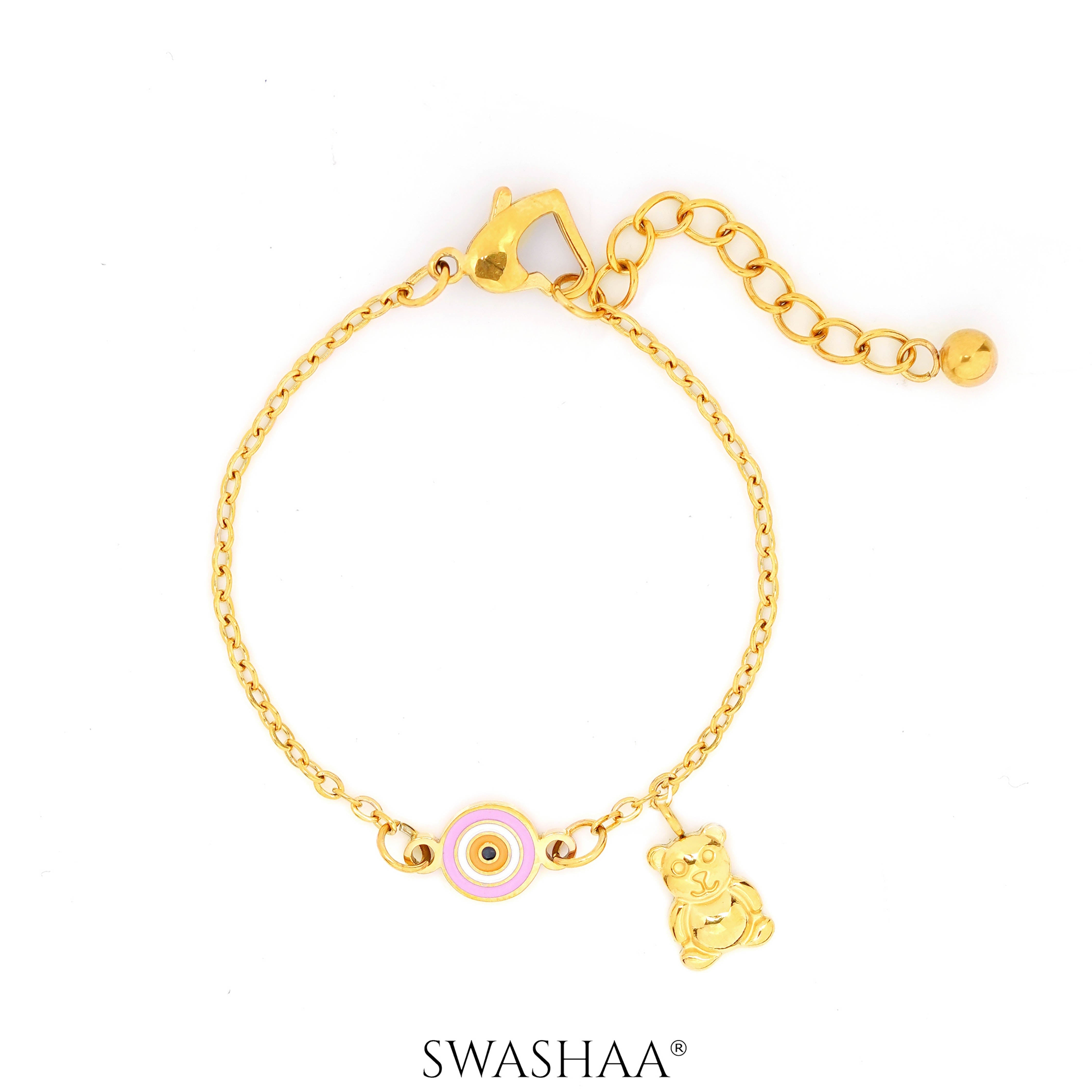 Pink Evil Eye Teddy Charm 18K Gold Plated Kid's Bracelet Gold