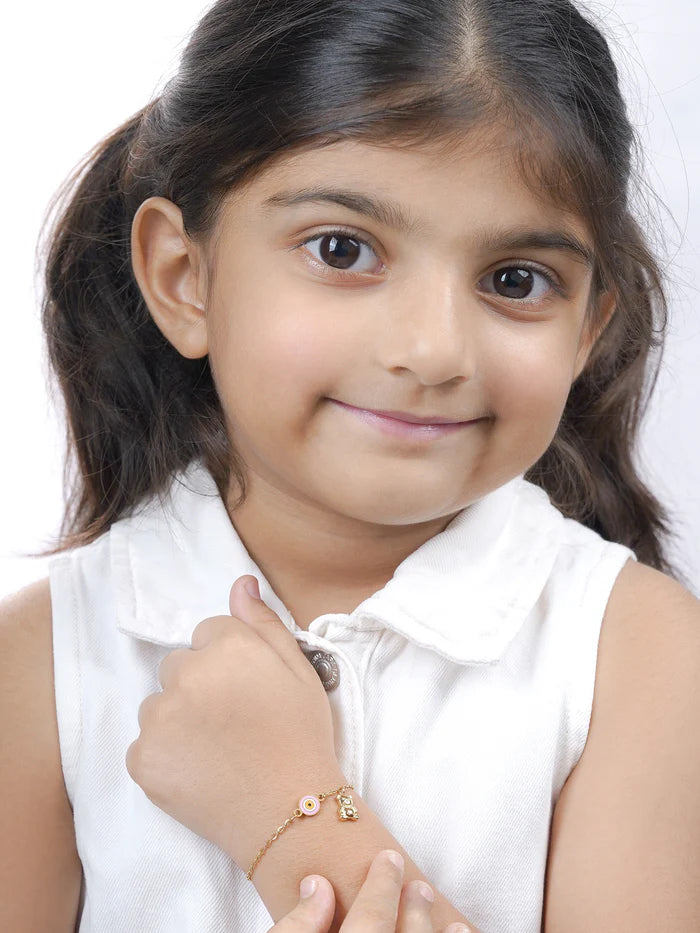 Pink Evil Eye Teddy Charm 18K Gold Plated Kid's Bracelet