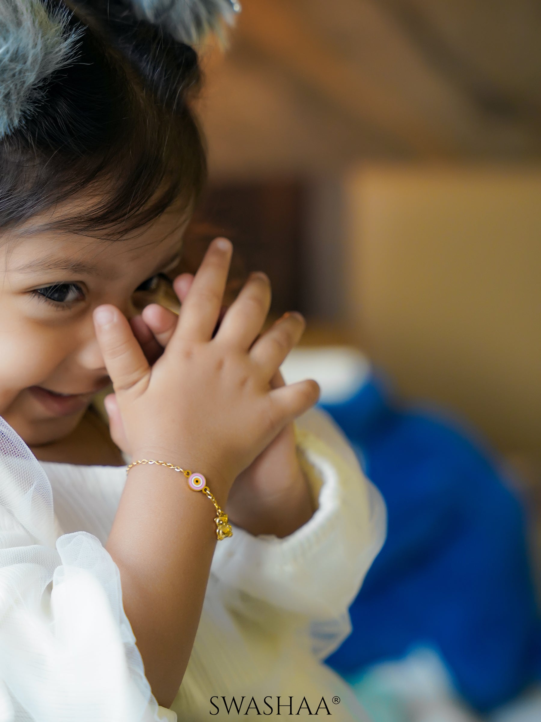Pink Evil Eye Teddy Charm 18K Gold Plated Kid's Bracelet