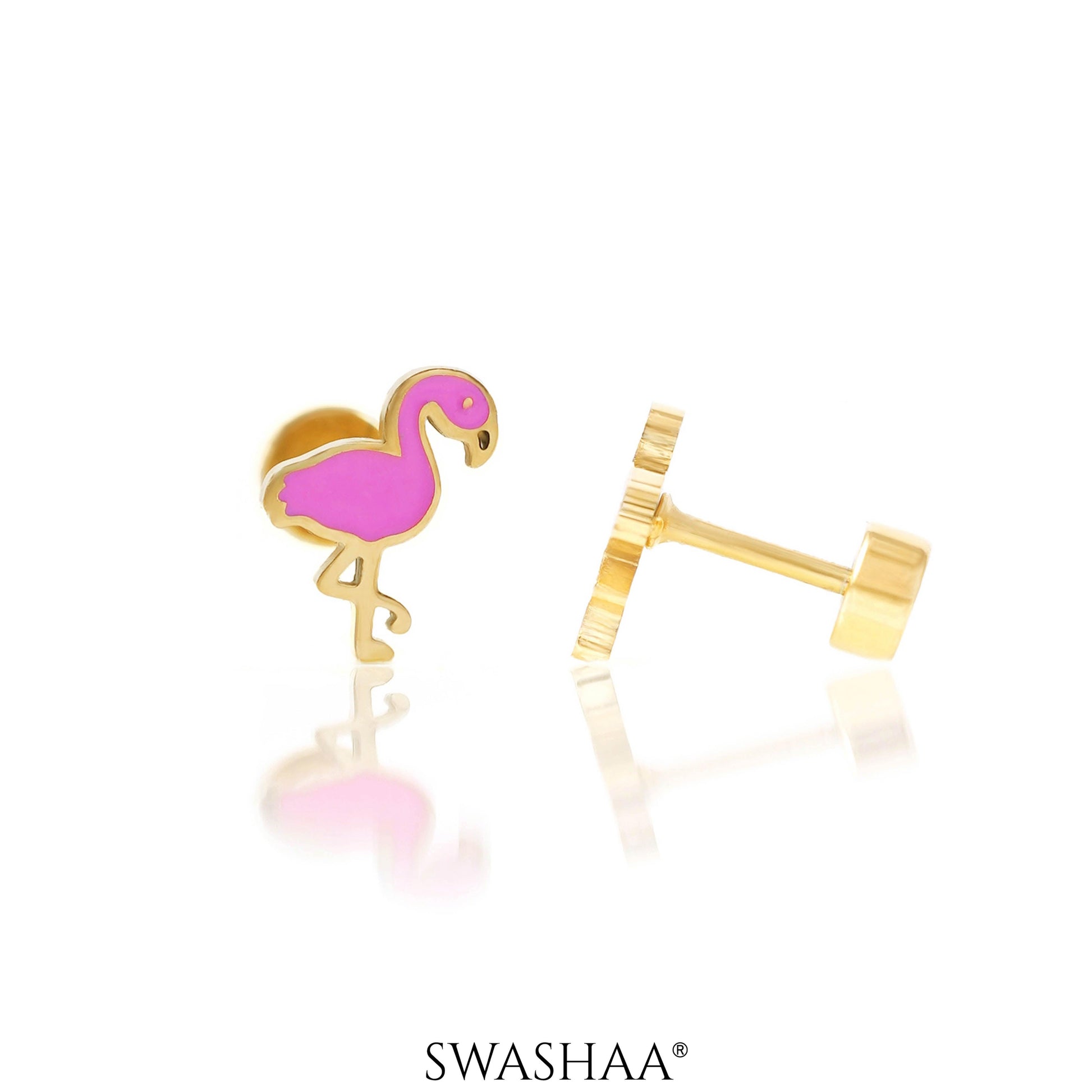 Pink Flamingo 18K Gold Plated Kid's Earrings Gold