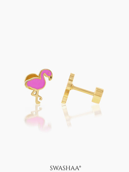 Pink Flamingo 18K Gold Plated Kid's Earrings Gold