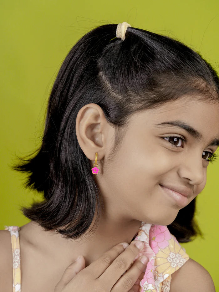 Pinky Flower 18K Gold Plated Kid's Hoop Earrings