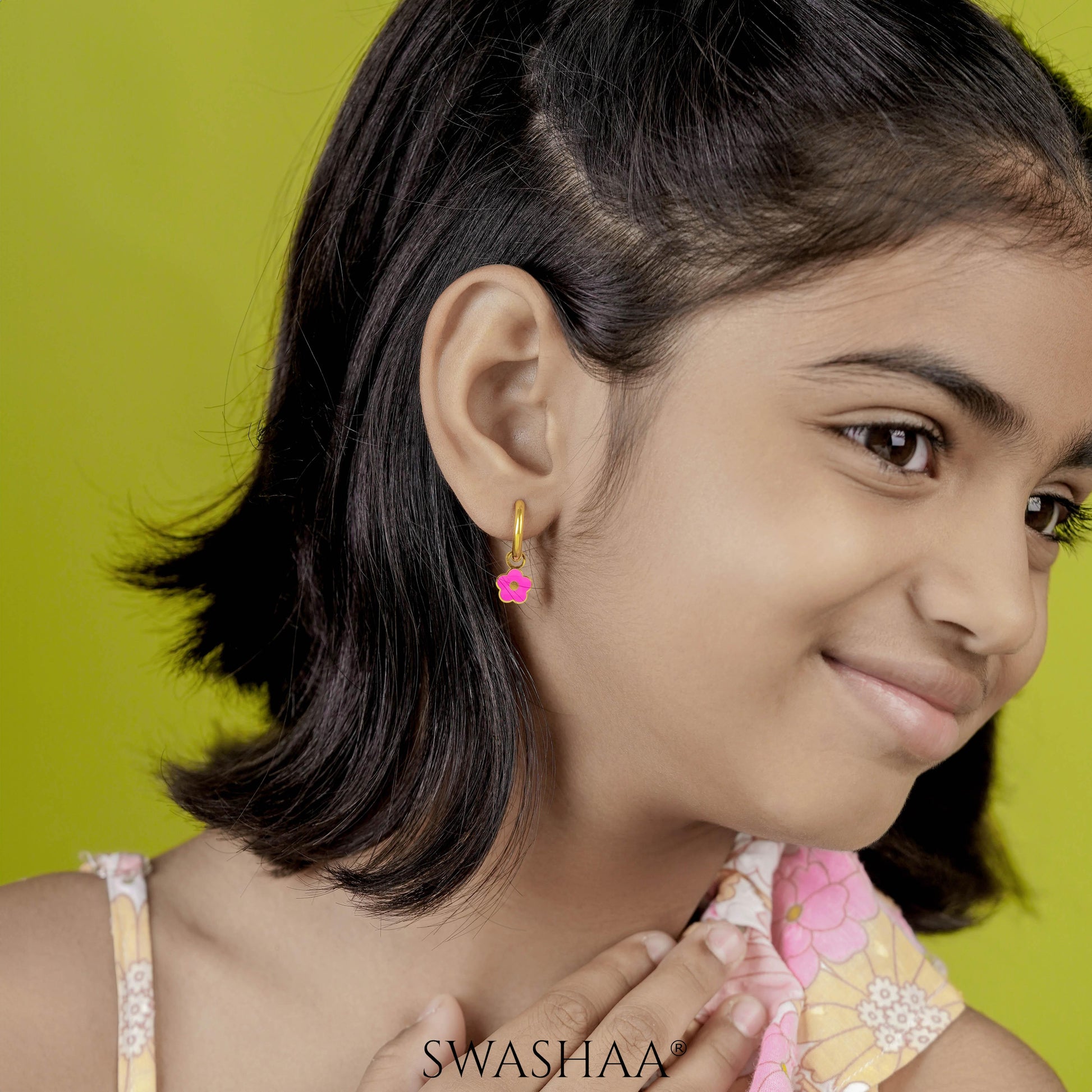 Pinky Flower 18K Gold Plated Kid's Hoop Earrings