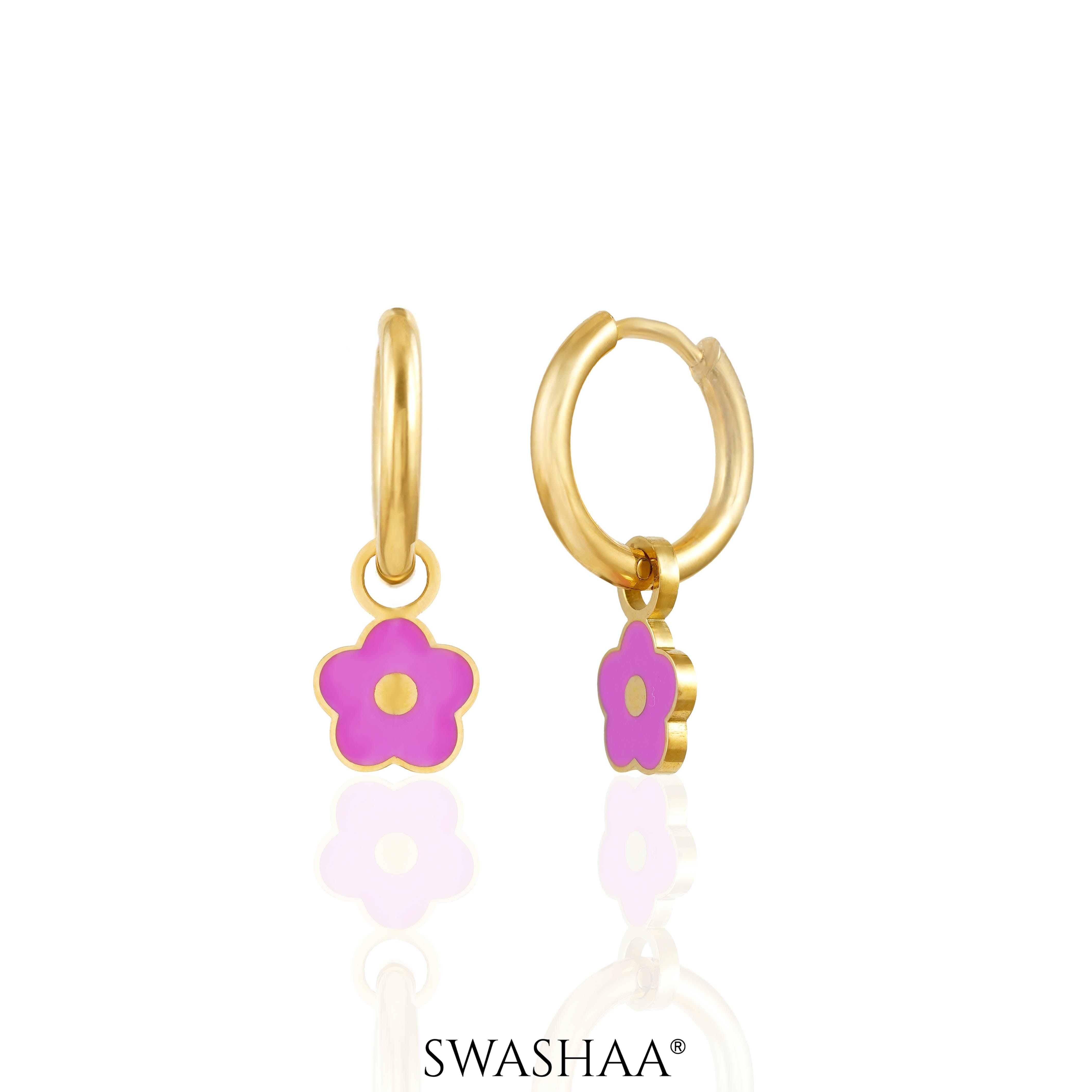 Pinky Flower 18K Gold Plated Kid's Hoop Earrings Gold