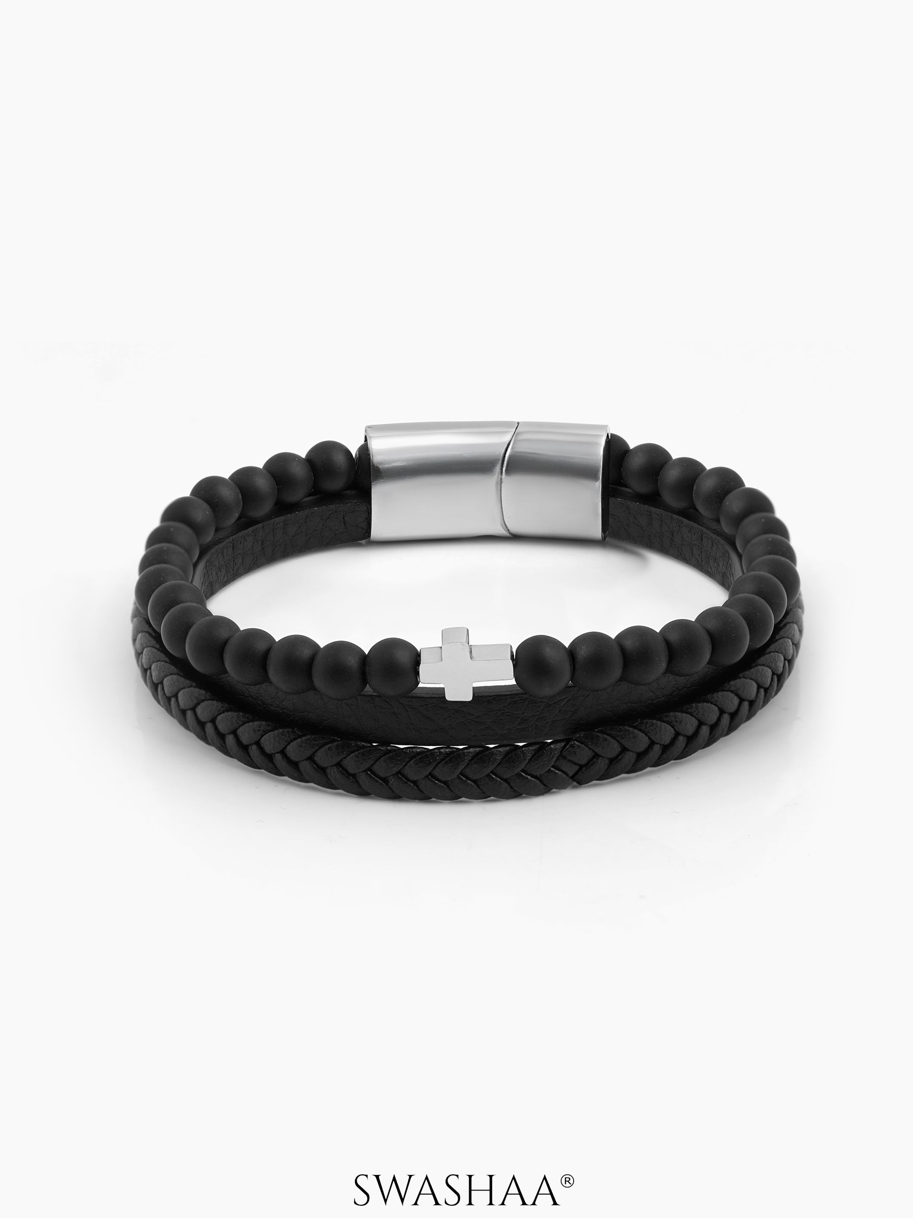 Ravian Cross Men's Leather Bracelet Black
