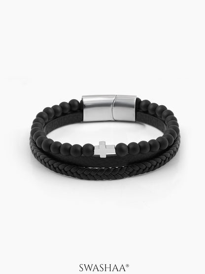 Ravian Cross Men's Leather Bracelet Black