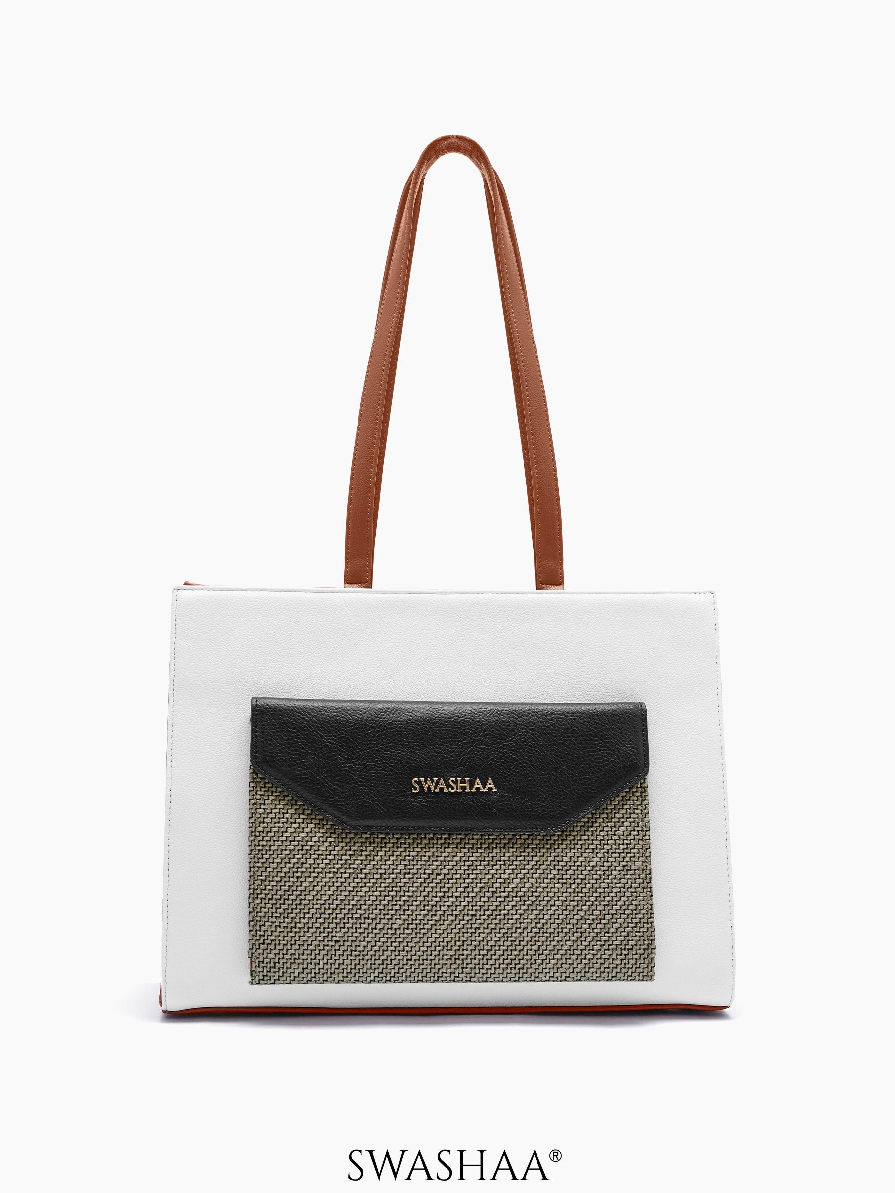 Reece Printed Front Pocket Leather Tote Bag White-Brown