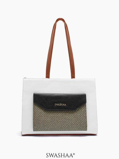 Reece Printed Front Pocket Leather Tote Bag White-Brown