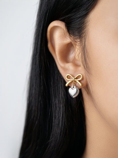 Renora Bow Heart 18K Gold Plated - Silver Earrings