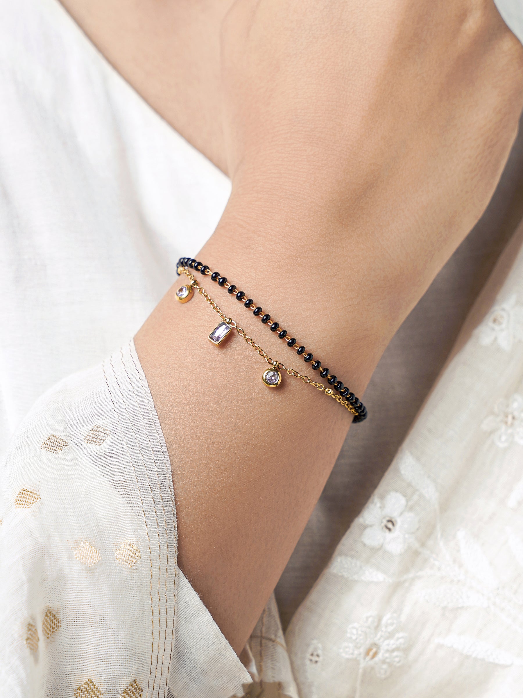 Rivaya Pink Stone 18K Gold Plated Mangalsutra Bracelet