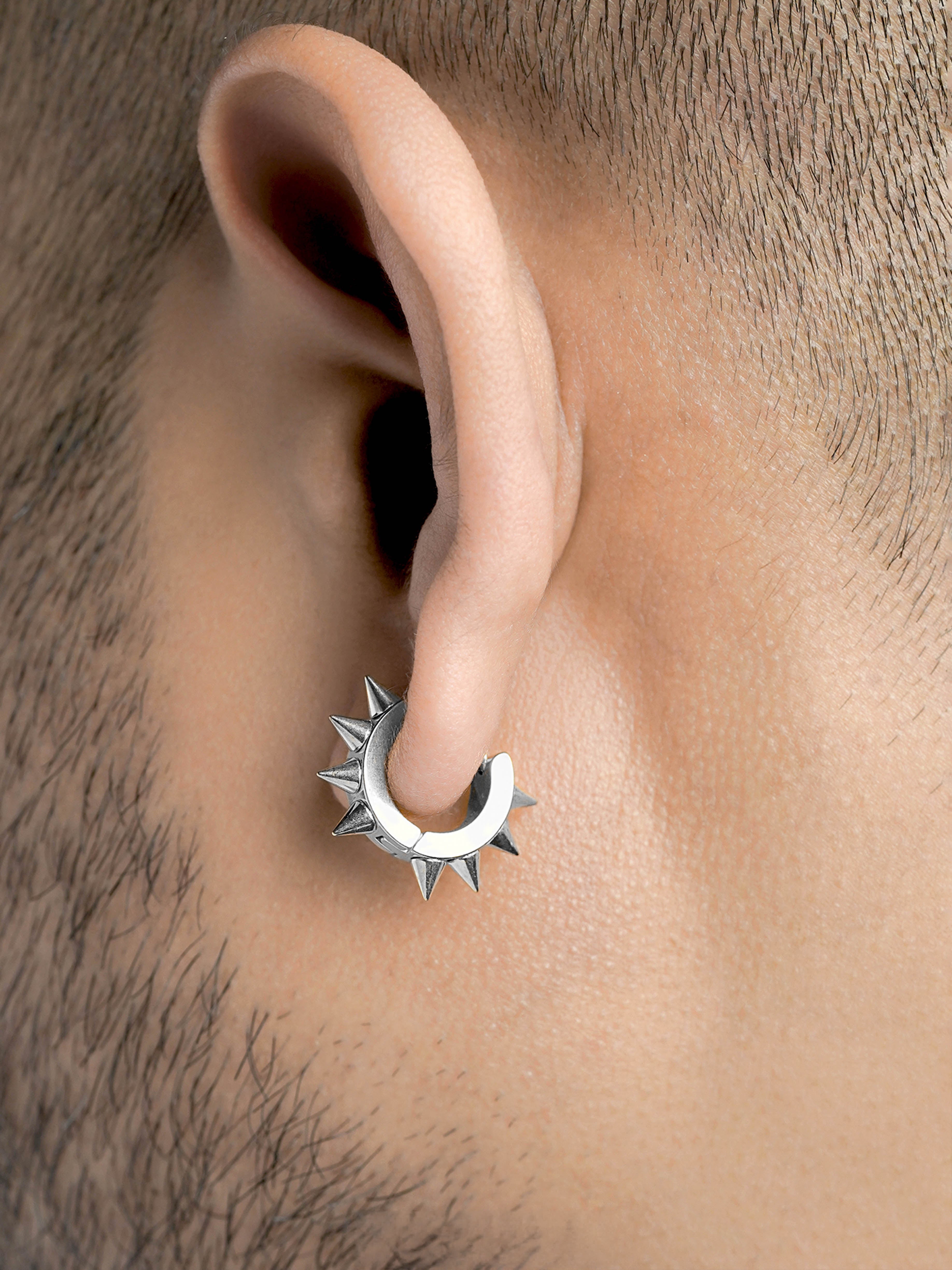 Riven Spiked Silver Men's Hoop Earrings