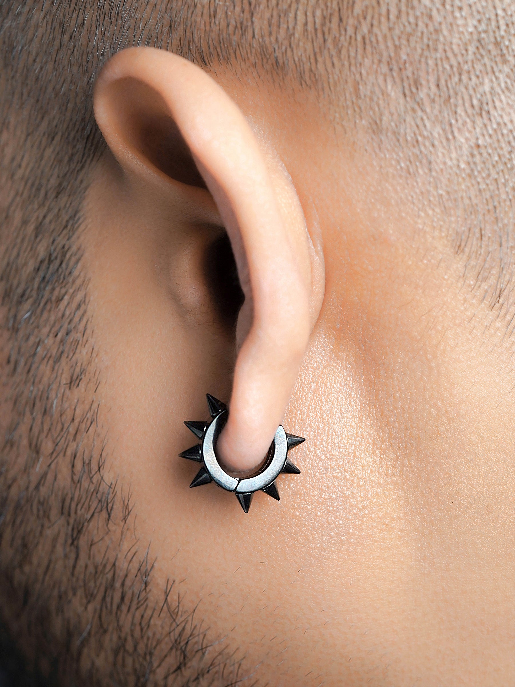 Riven Spiked Black Men's Hoop Earrings