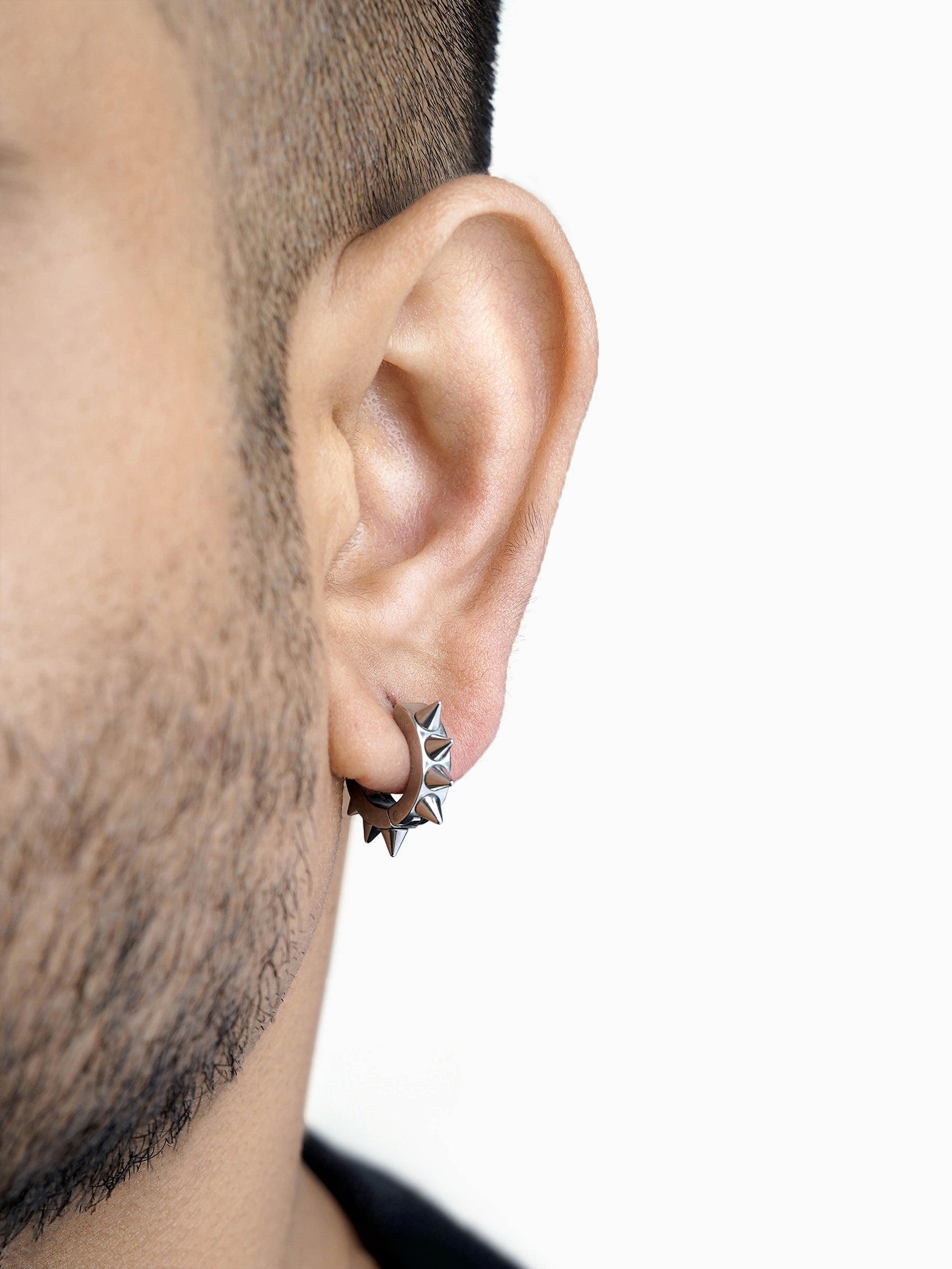 Riven Spiked Silver Men's Hoop Earrings