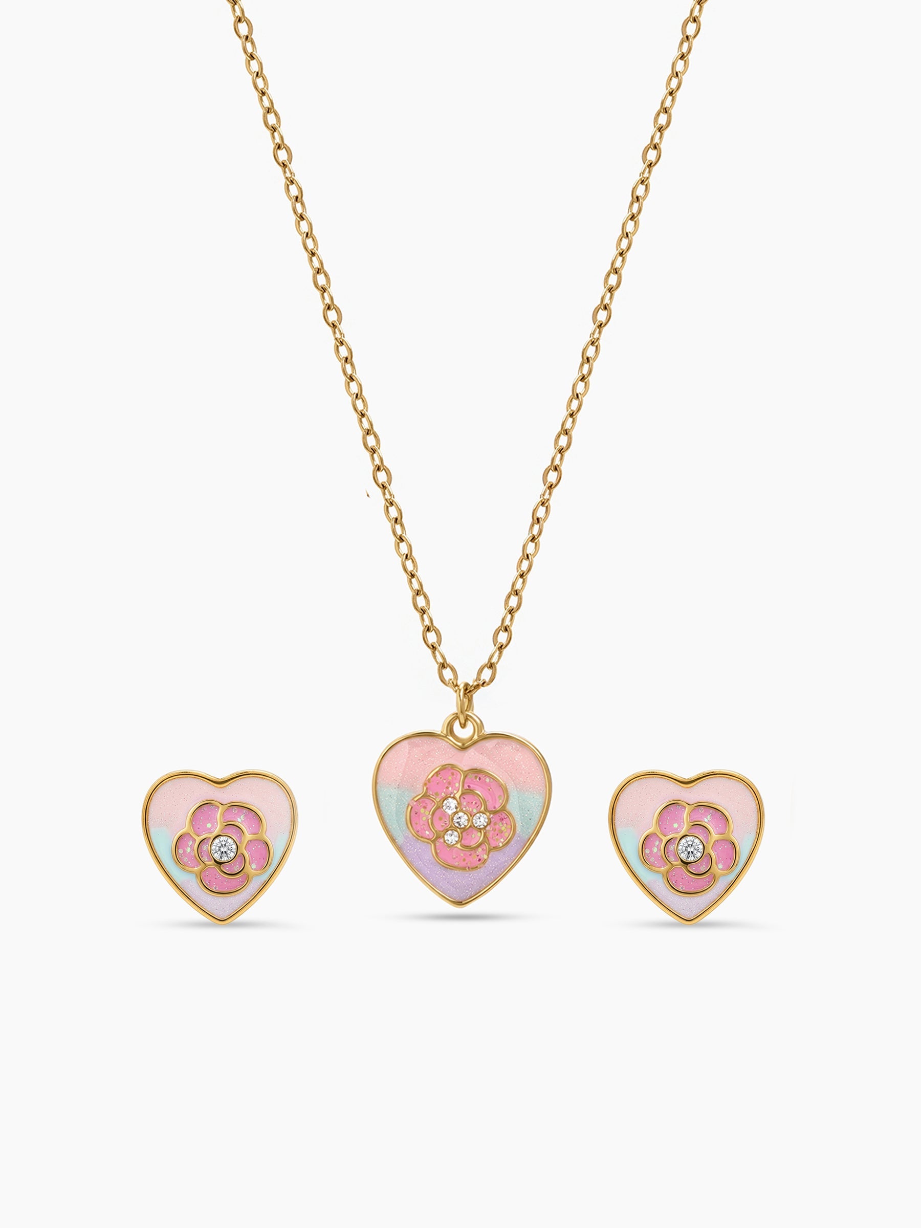 Rosy Bloom Heart 18K Gold Plated Kid's Jewelry Set Of 2 - Necklace & Earrings Gold