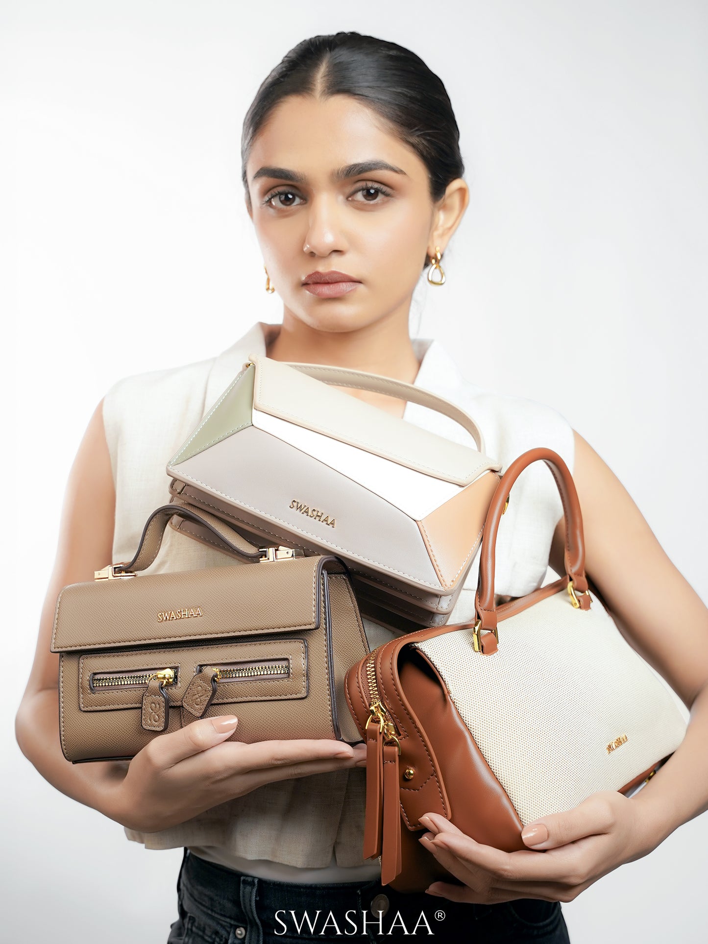 Angee White Beige Leather Hand Bag