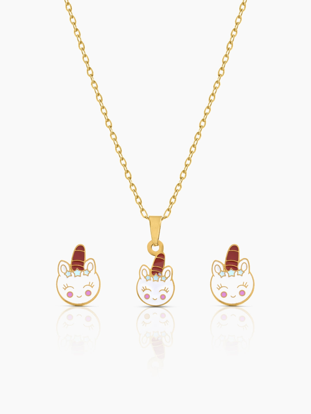 Smiley Unicorn 18K Gold Plated Kid's Jewelry Set Of 2 - Necklace & Earrings Gold