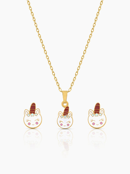 Smiley Unicorn 18K Gold Plated Kid's Jewelry Set Of 2 - Necklace & Earrings Gold