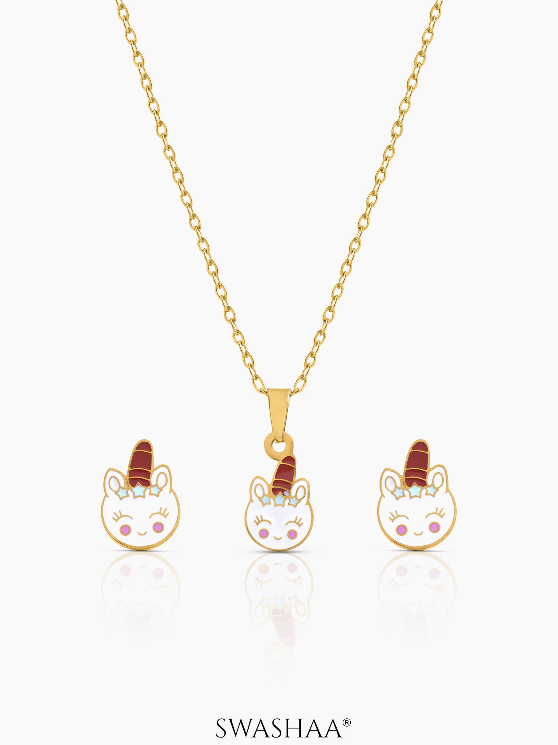 Smiley Unicorn Kid's Jewelry Set Of 2 - Necklace & Earrings 18K Gold Plated