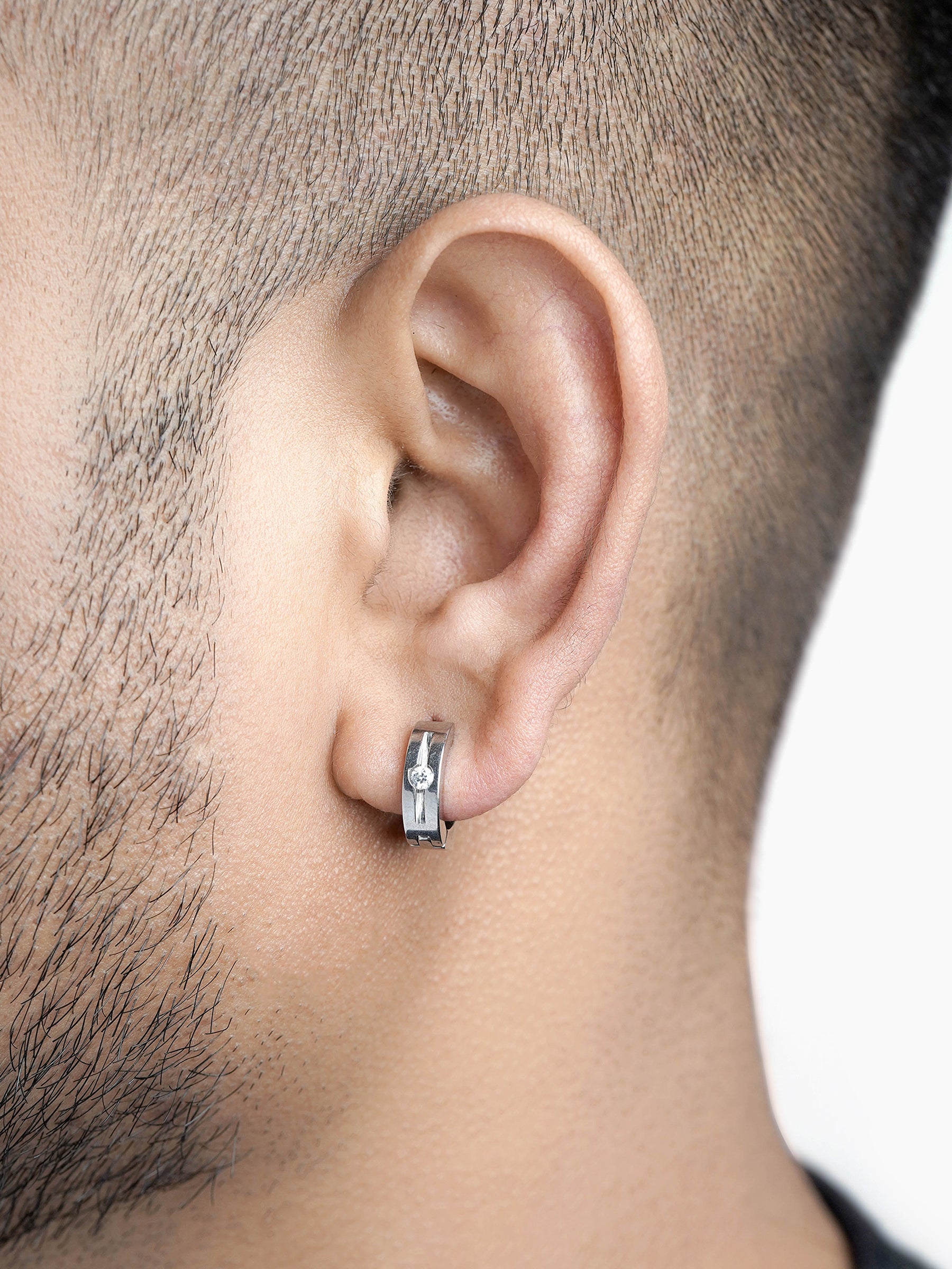 Solaris Studed Diamond Silver Men's Hoop Earrings