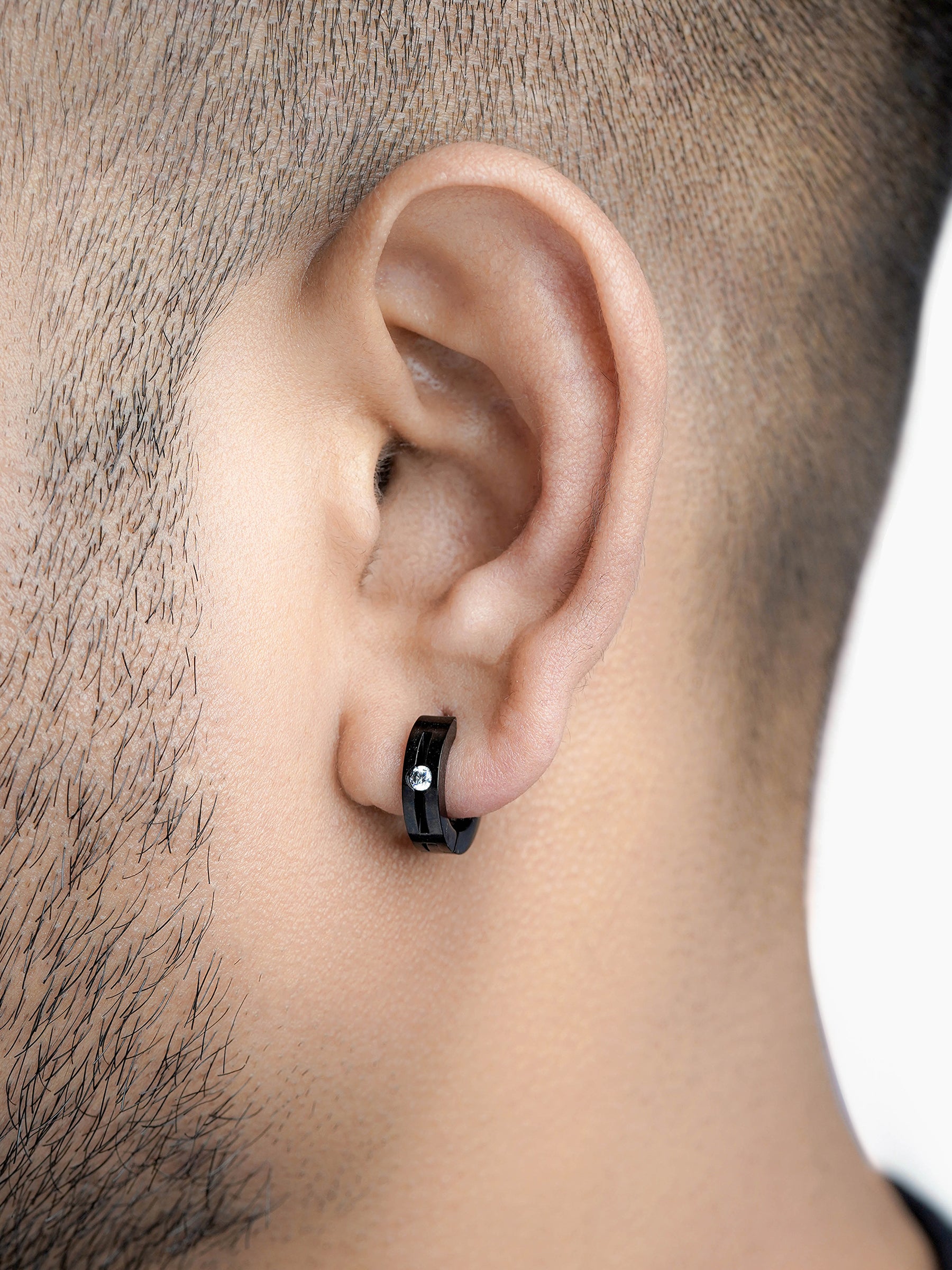 Solaris Studed Diamond Black Men's Hoop Earrings