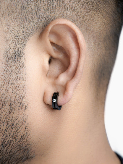 Solaris Studed Diamond Black Men's Hoop Earrings