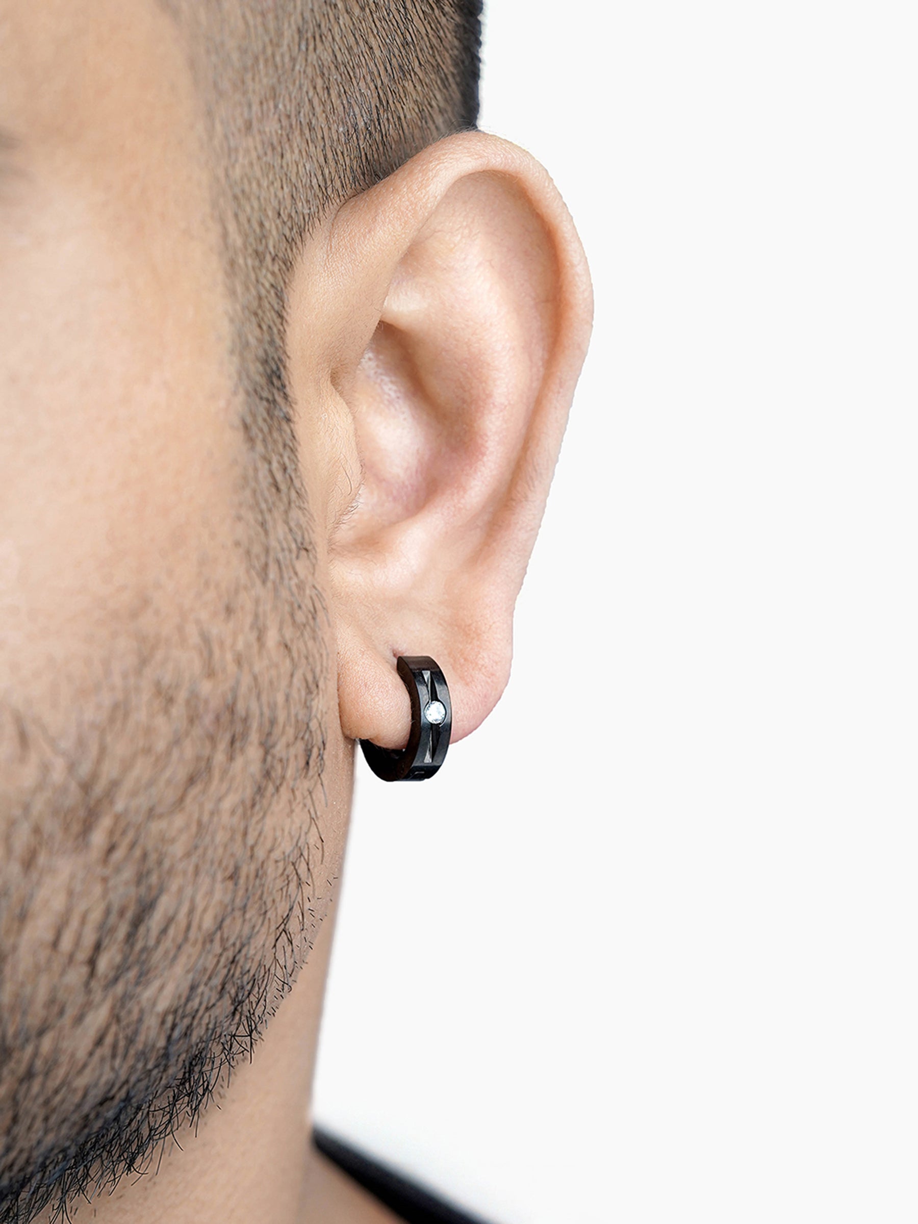 Solaris Studed Diamond Black Men's Hoop Earrings