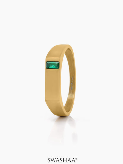 Sorin Green Solitaire Signet Men's Ring 18K Gold Plated