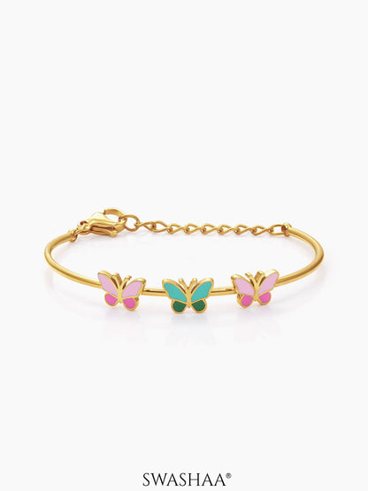 Three Butterfly Charms 18K Gold Plated Kid's Kada Bracelet Gold