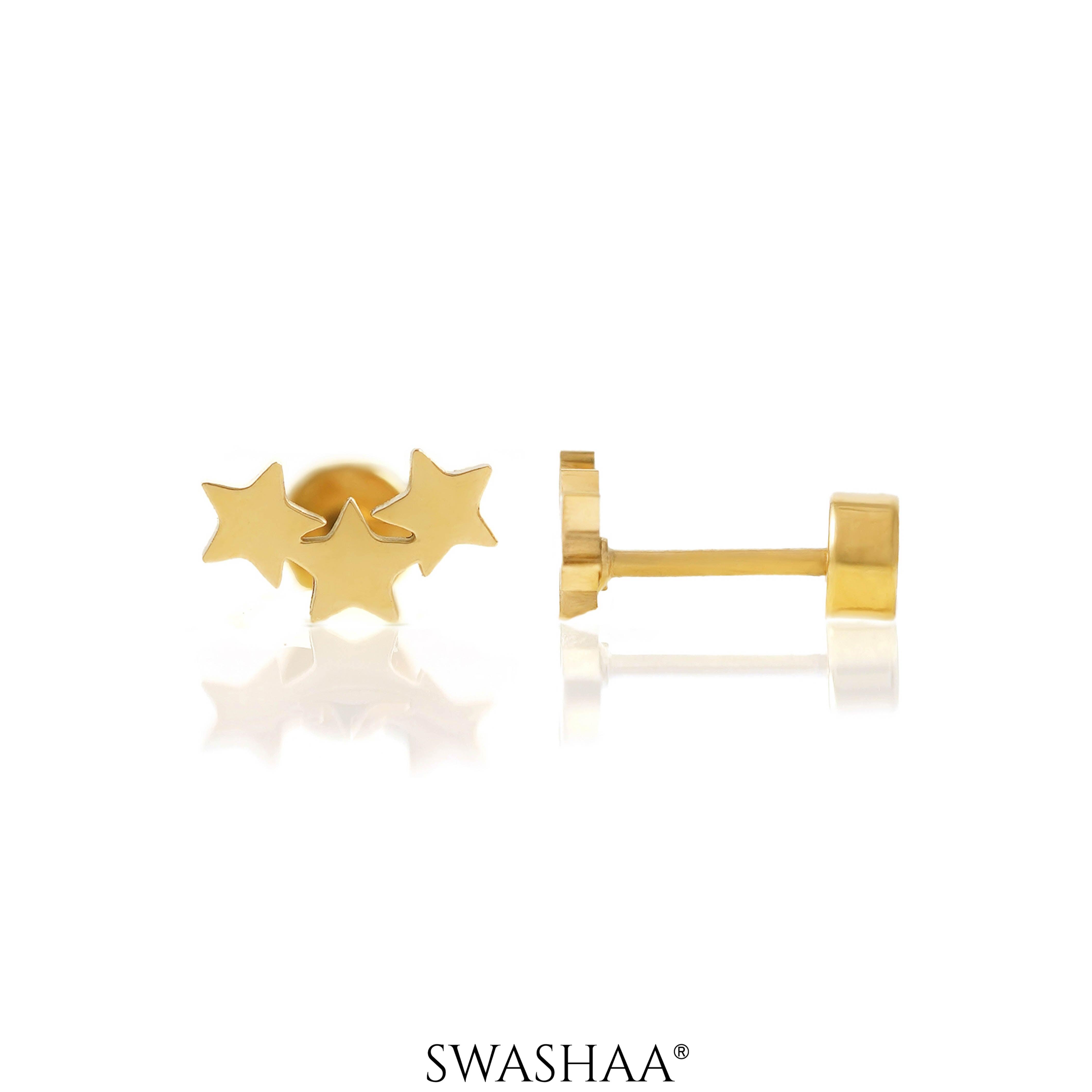 Three Star 18K Gold Plated Kid's Earrings Gold