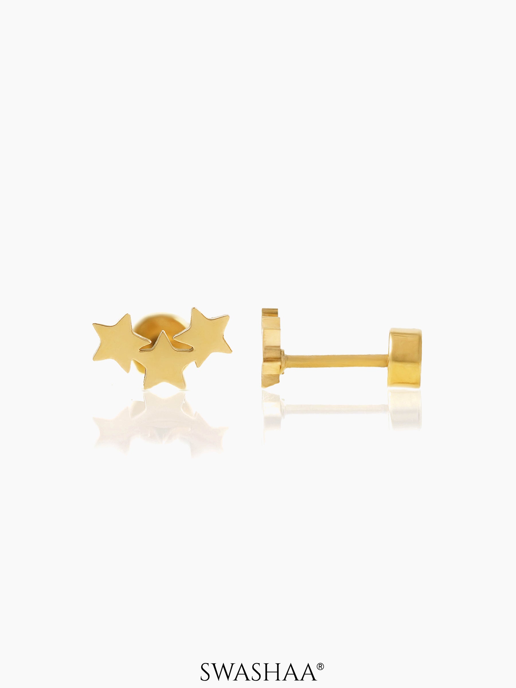 Three Star 18K Gold Plated Kid's Earrings Gold