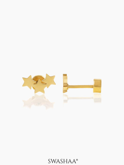 Three Star 18K Gold Plated Kid's Earrings Gold