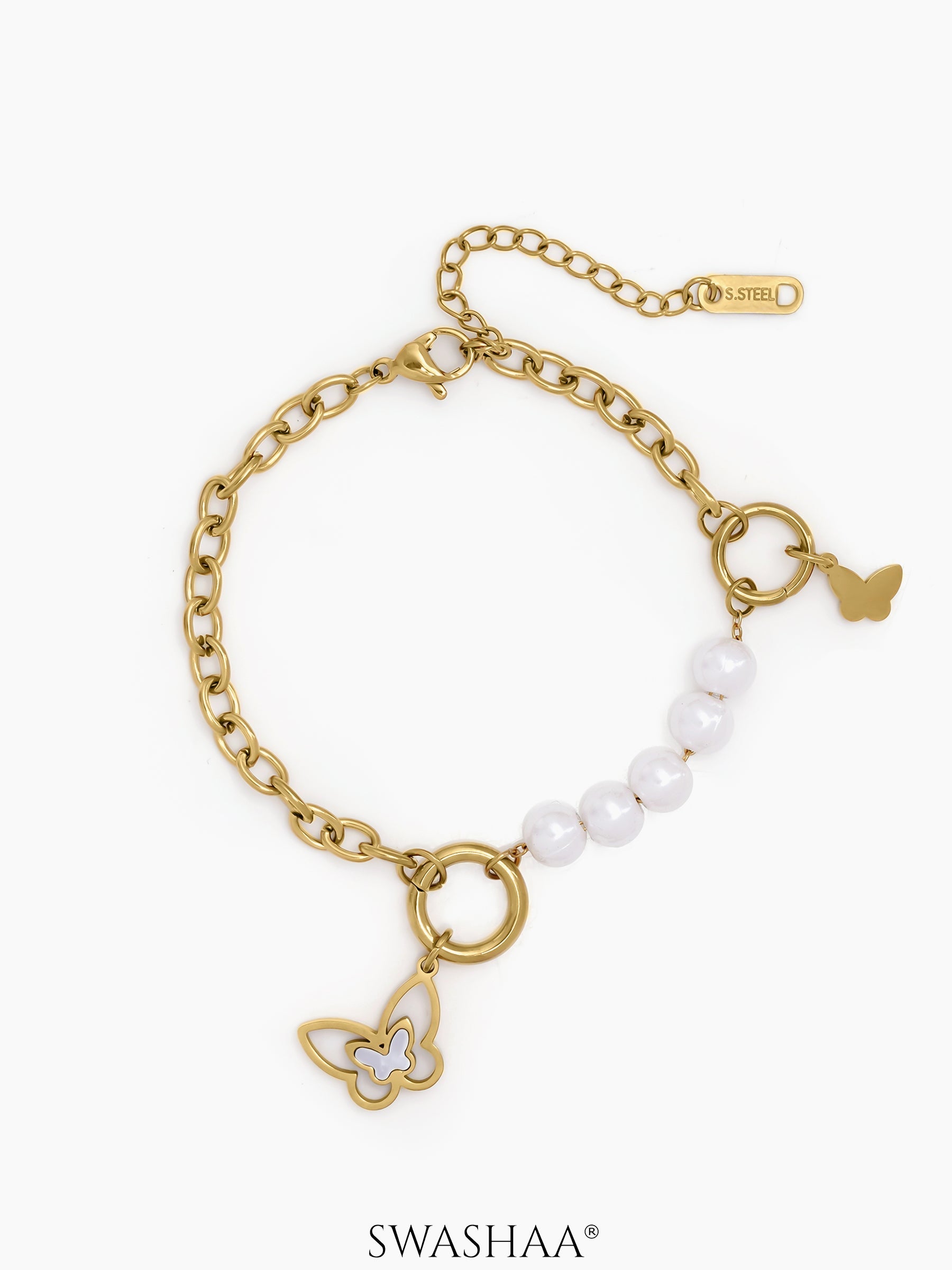 Tivya Butterfly Pearl Charm Bracelet 18K Gold Plated