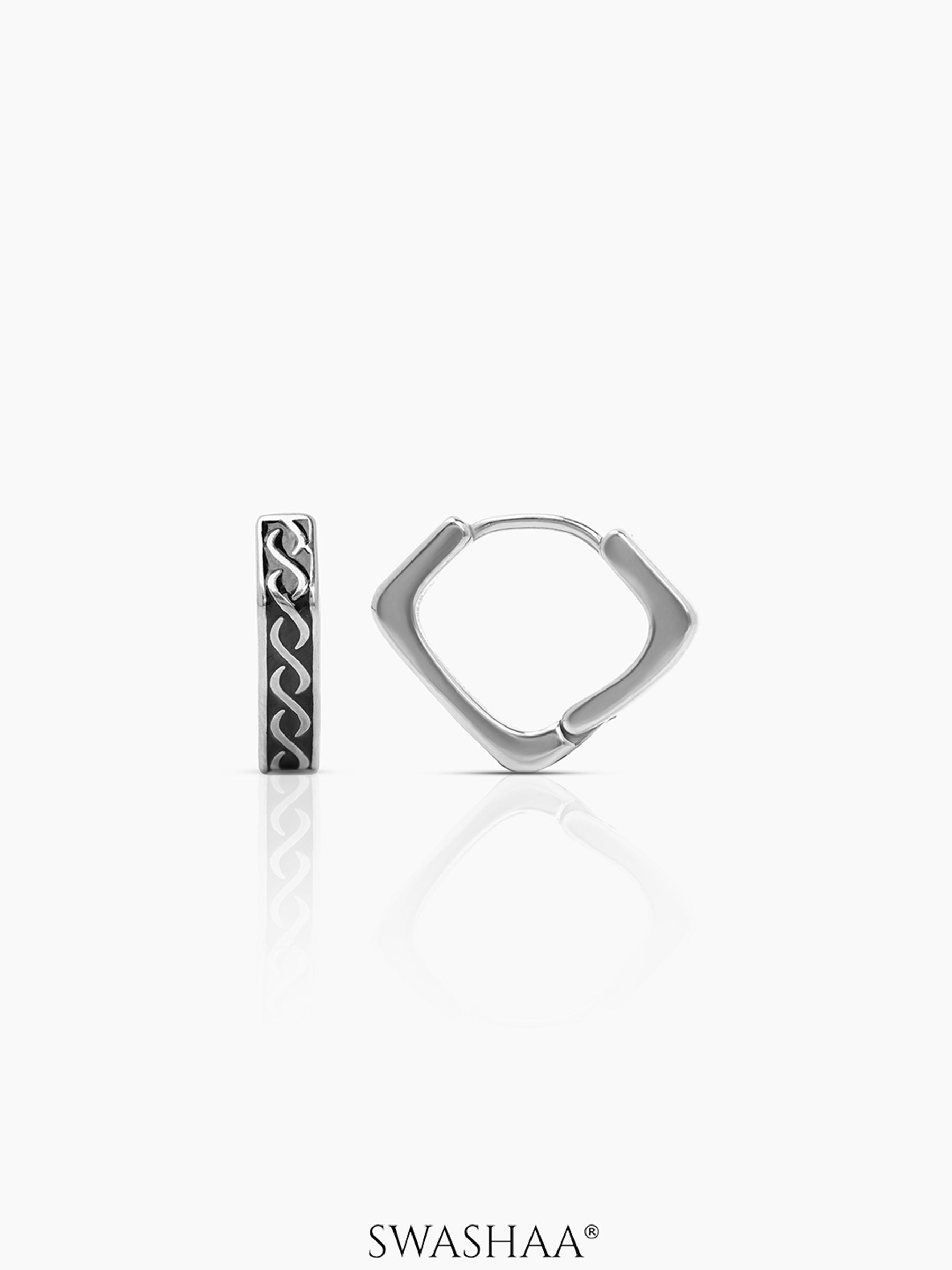 Troy Carved Square Men's Hoop Earrings Silver