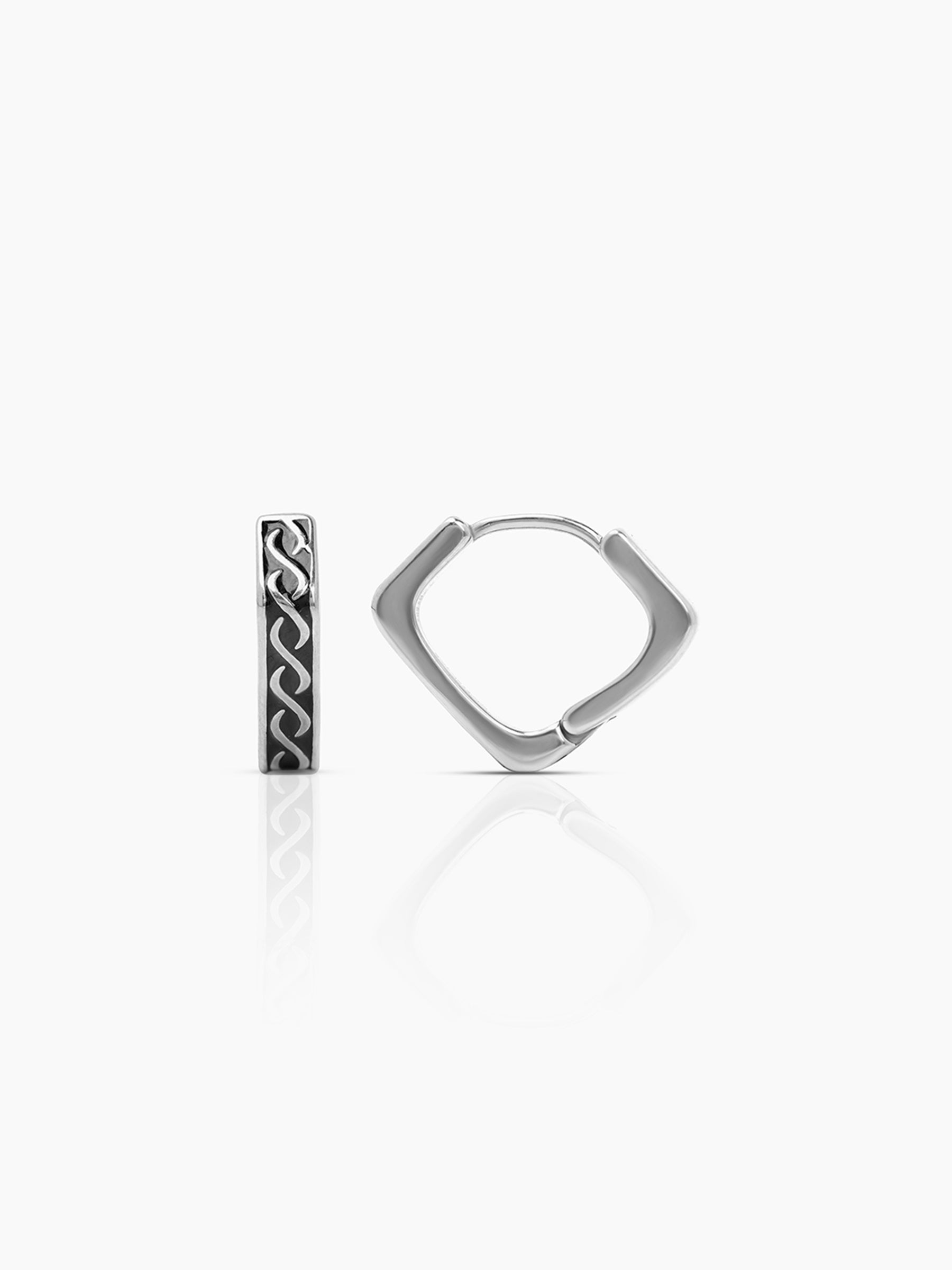 Troy Silver Carved Square Men's Hoop Earrings Silver