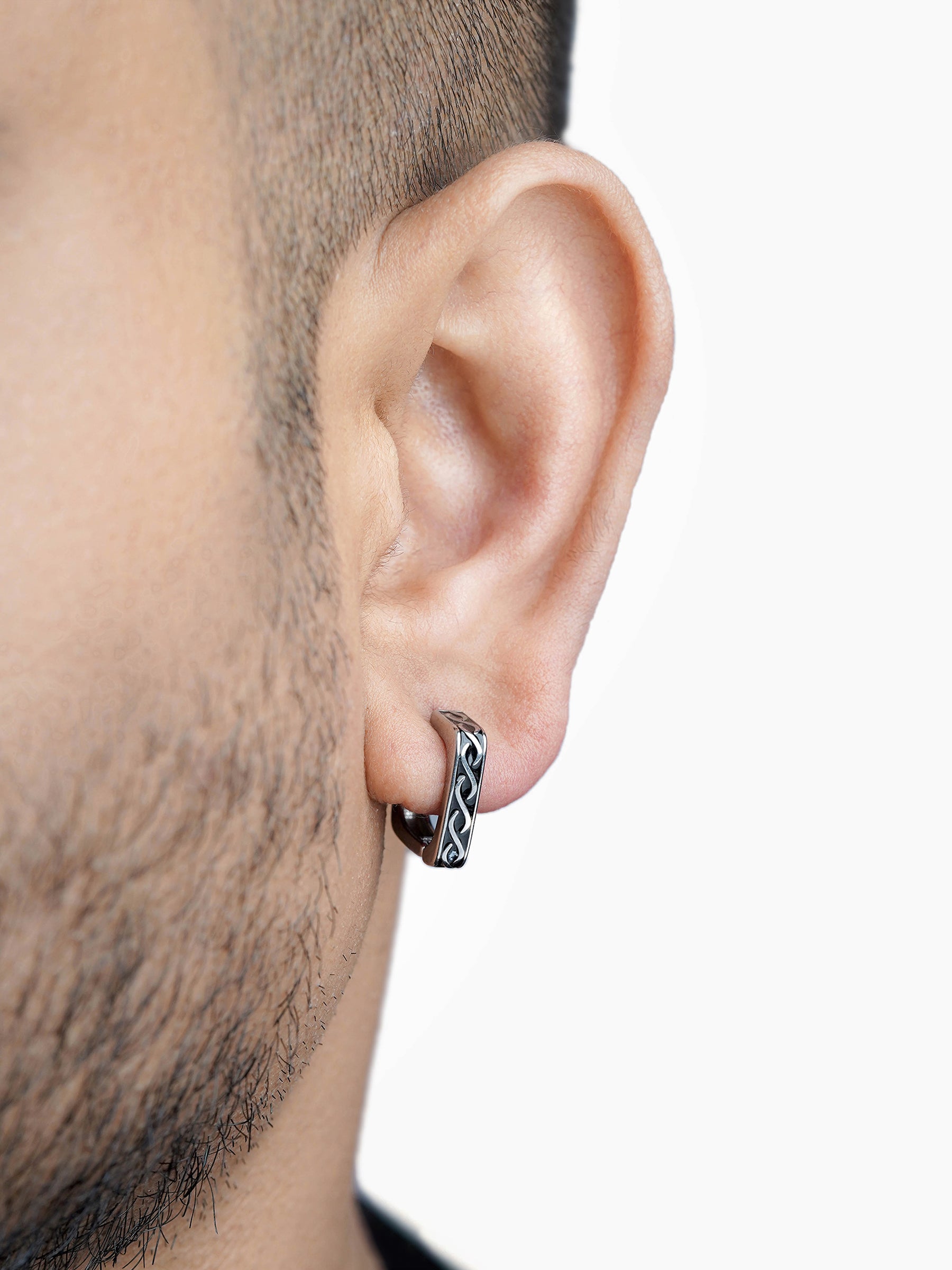 Troy Silver Carved Square Men's Hoop Earrings