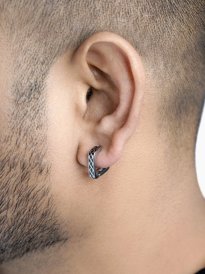 Troy Silver Carved Square Men's Hoop Earrings